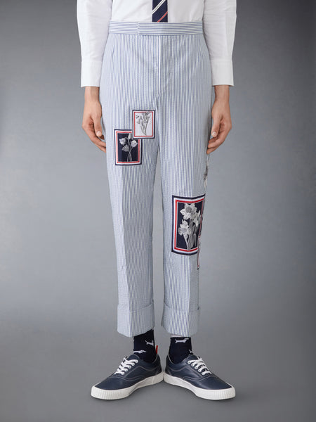 SEERSUCKER FRAMED FLORAL BACKSTRAP TROUSER NAVY