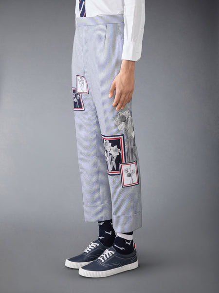 SEERSUCKER FRAMED FLORAL BACKSTRAP TROUSER NAVY