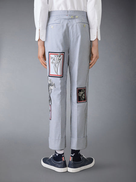SEERSUCKER FRAMED FLORAL BACKSTRAP TROUSER NAVY