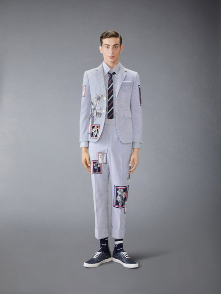 SEERSUCKER FRAMED FLORAL BACKSTRAP TROUSER NAVY