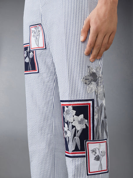 SEERSUCKER FRAMED FLORAL BACKSTRAP TROUSER NAVY