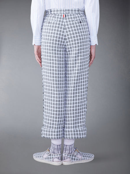 CHECK SUMMER TWEED FRAY SACK TROUSER MED GREY
