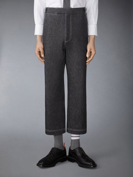 WASHED DENIM CONTRAST TOPSTITCHING UNCONSTRUCTED STRAIGHT LEG TROUSERS BLACK
