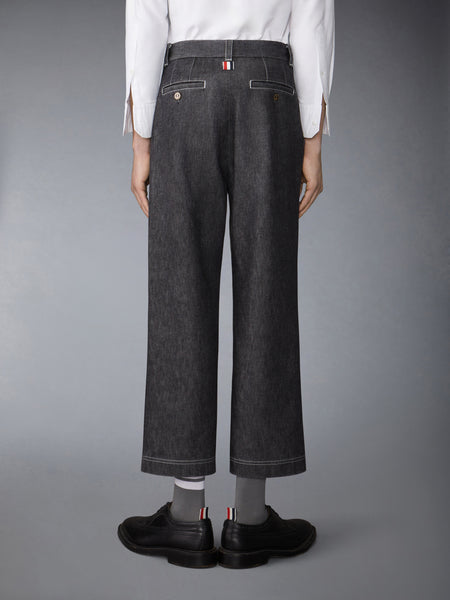 WASHED DENIM CONTRAST TOPSTITCHING UNCONSTRUCTED STRAIGHT LEG TROUSERS BLACK