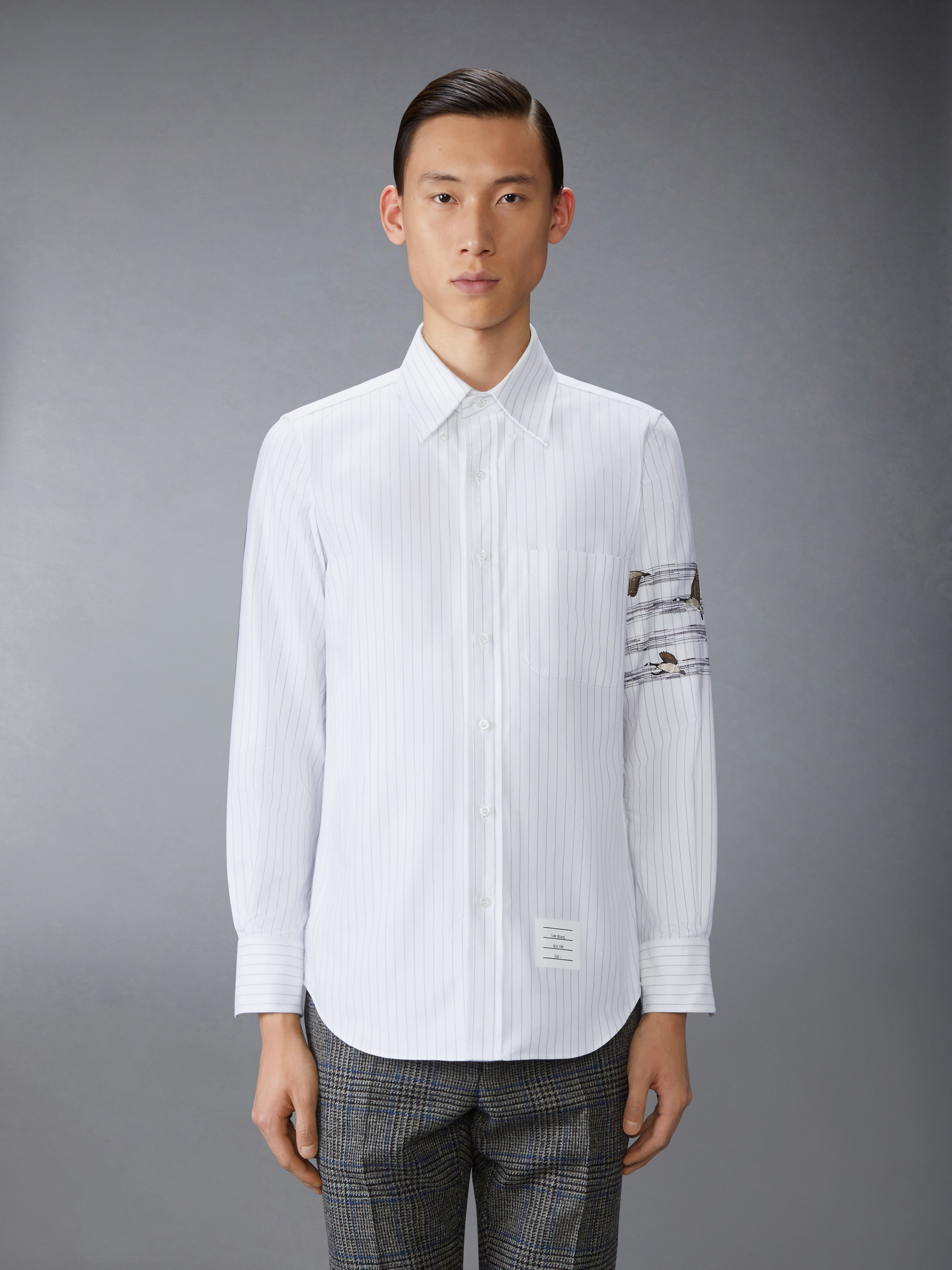 Geese 4-Bar Pinstripe Oxford Shirt | Thom Browne