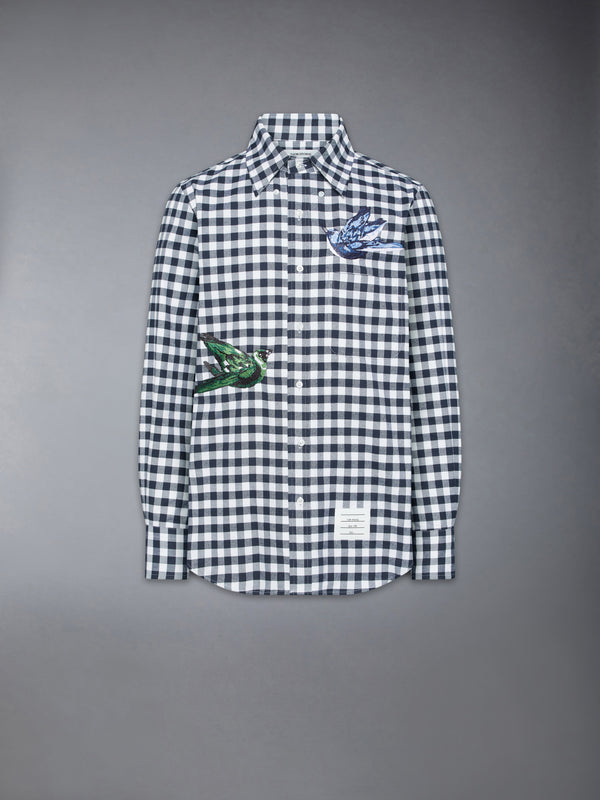 GINGHAM CHECK FLANNEL SATIN STITCH BIRDS SHIRT - featured image