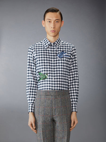 GINGHAM CHECK FLANNEL SATIN STITCH BIRDS SHIRT