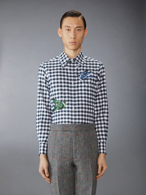 GINGHAM CHECK FLANNEL SATIN STITCH BIRDS SHIRT - image 1