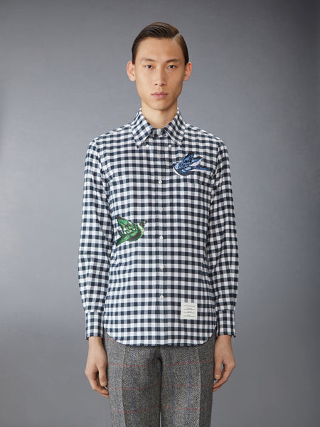 GINGHAM CHECK FLANNEL SATIN STITCH BIRDS SHIRT