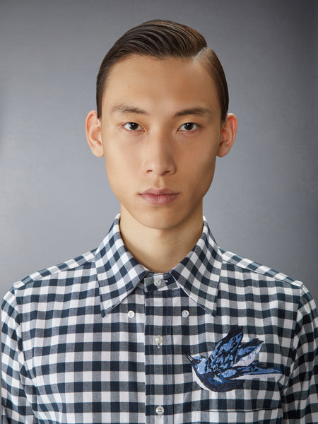 GINGHAM CHECK FLANNEL SATIN STITCH BIRDS SHIRT