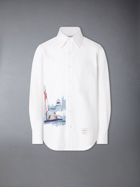 SCENIC SAILBOAT AND SHARK OXFORD SHIRT WHITE