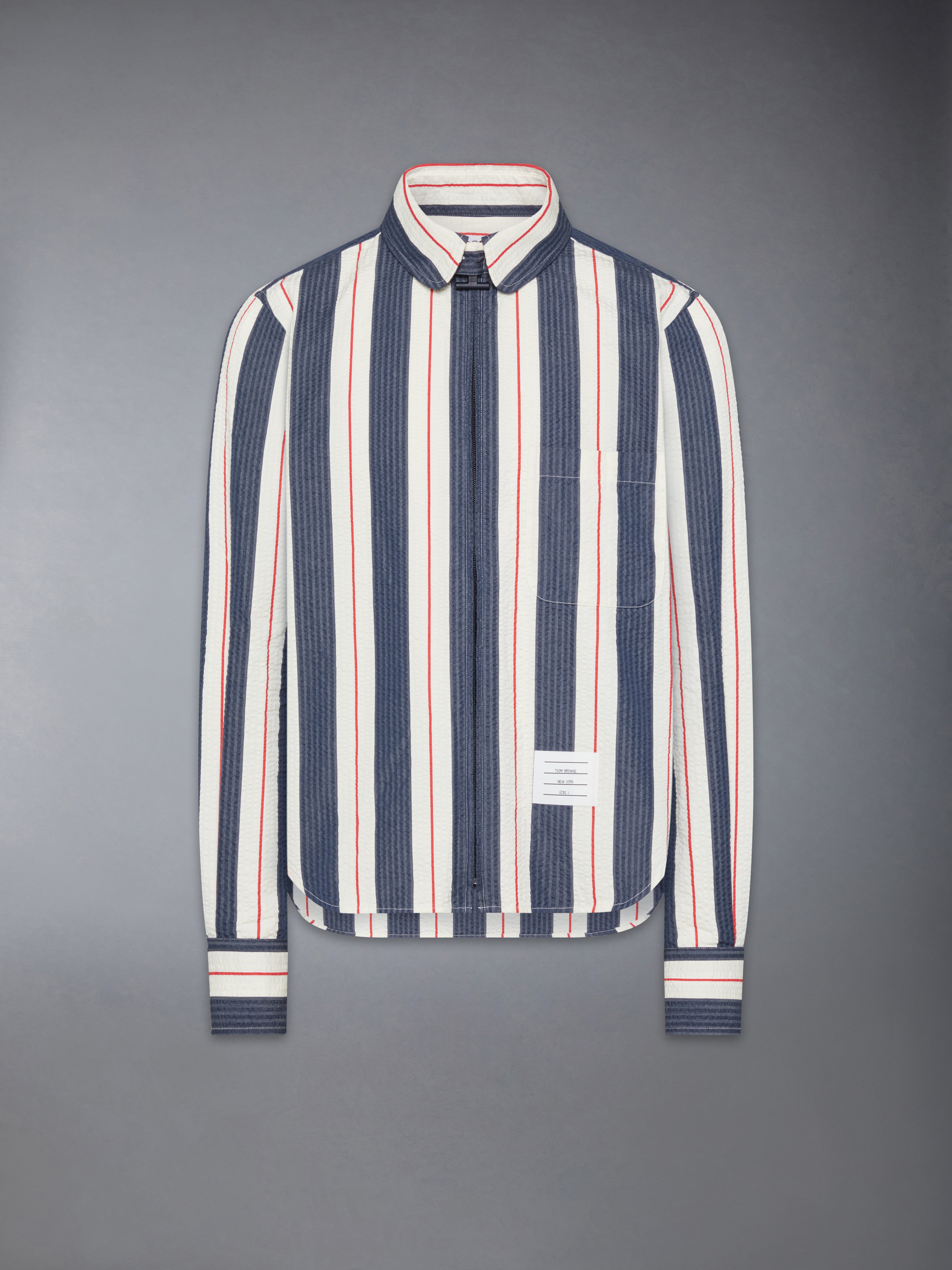 Stripe Seersucker Zip Up Shirt | Thom Browne