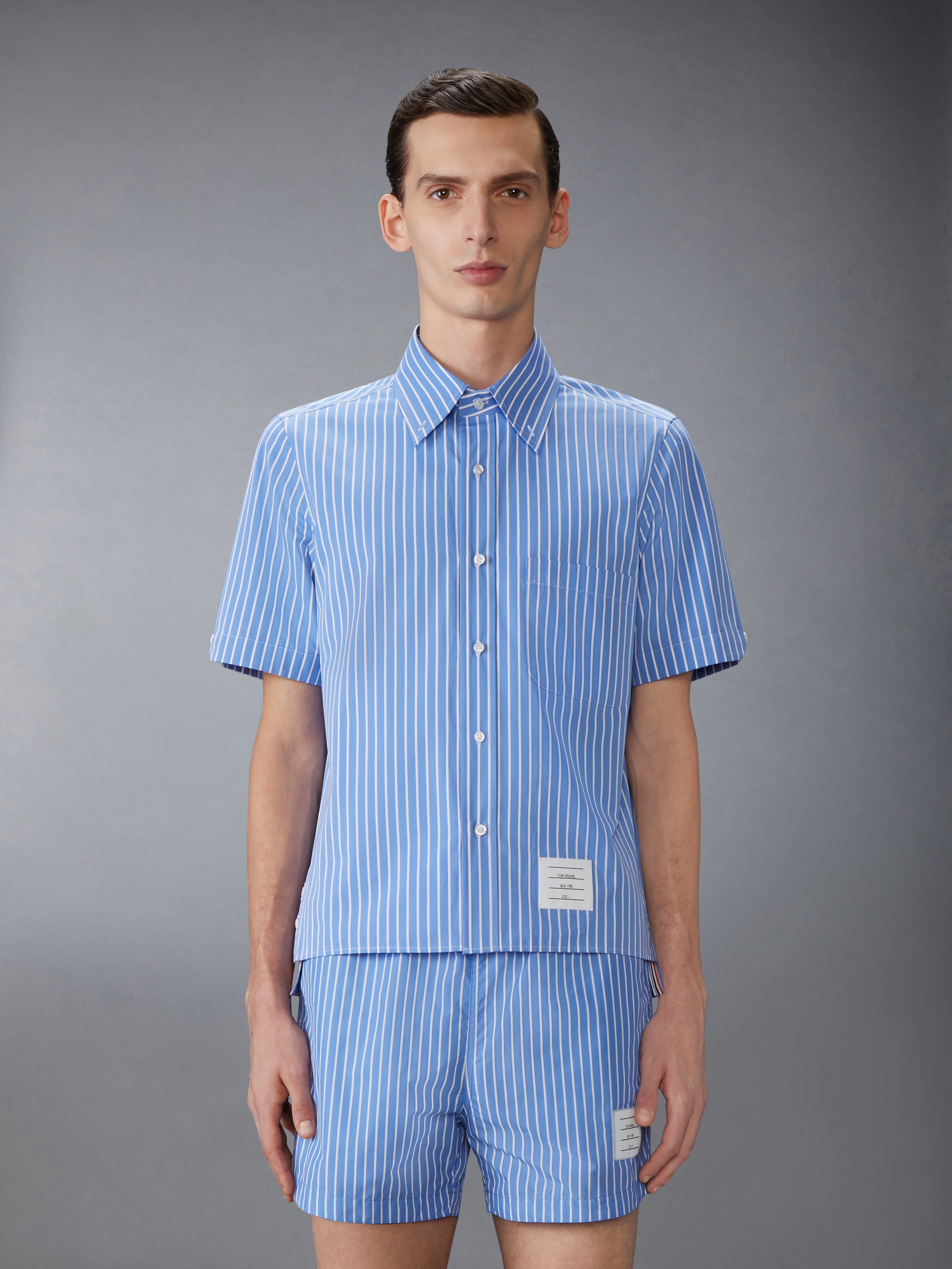 Pinstripe Poplin Short Sleeve Shirt | Thom Browne