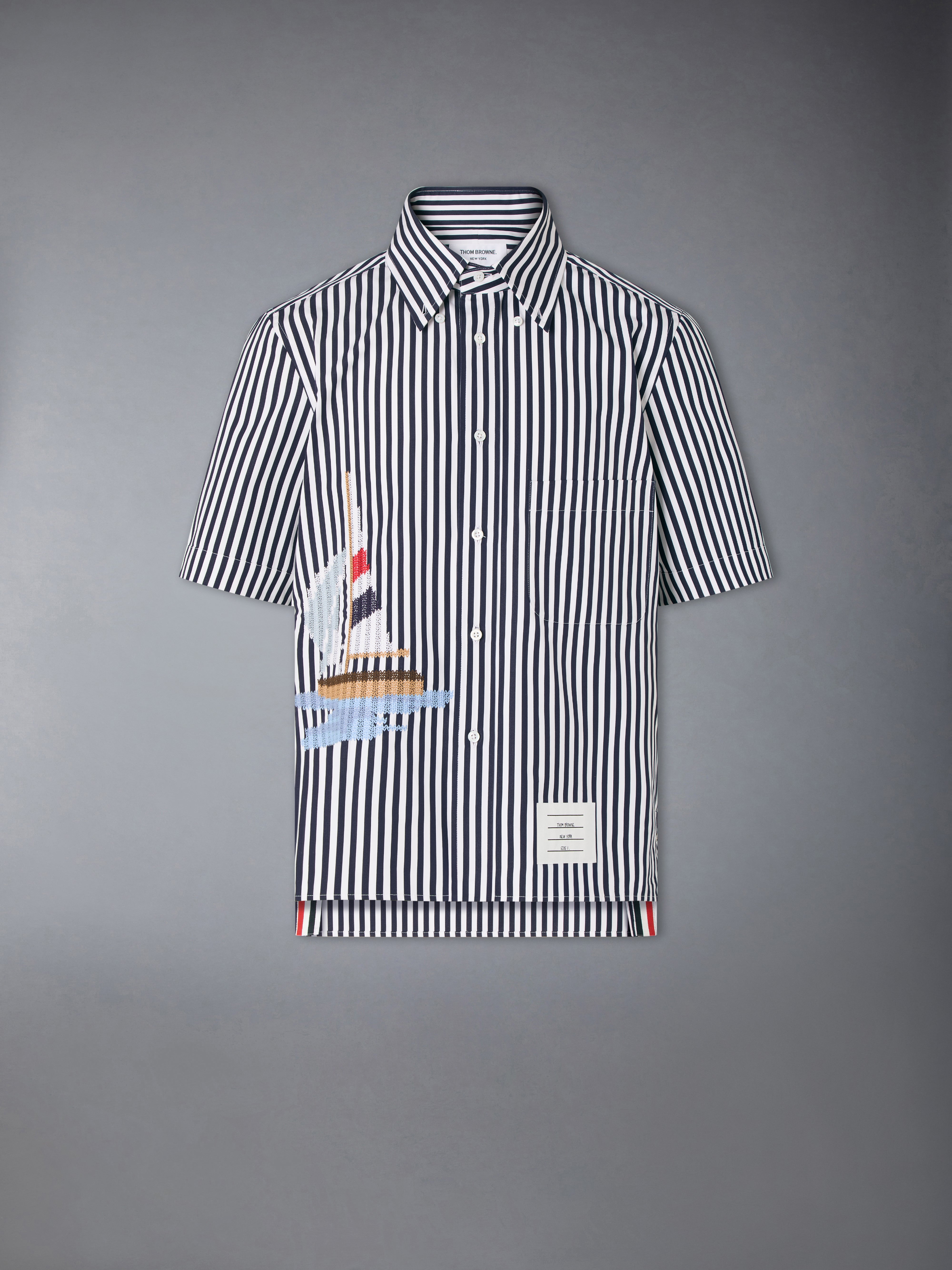 Striped Sailboat Embroidery Short Sleeve Shirt | Thom Browne