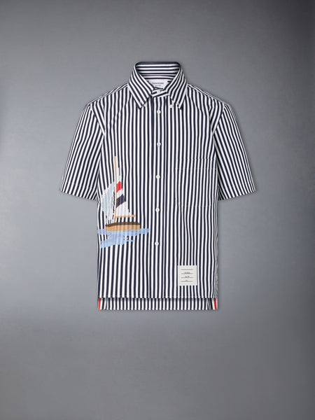 STRIPED SAILBOAT EMBROIDERY SHORT SLEEVE SHIRT NAVY