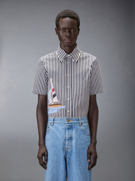STRIPED SAILBOAT EMBROIDERY SHORT SLEEVE SHIRT NAVY