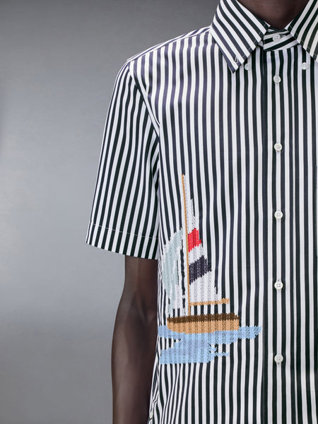STRIPED SAILBOAT EMBROIDERY SHORT SLEEVE SHIRT NAVY