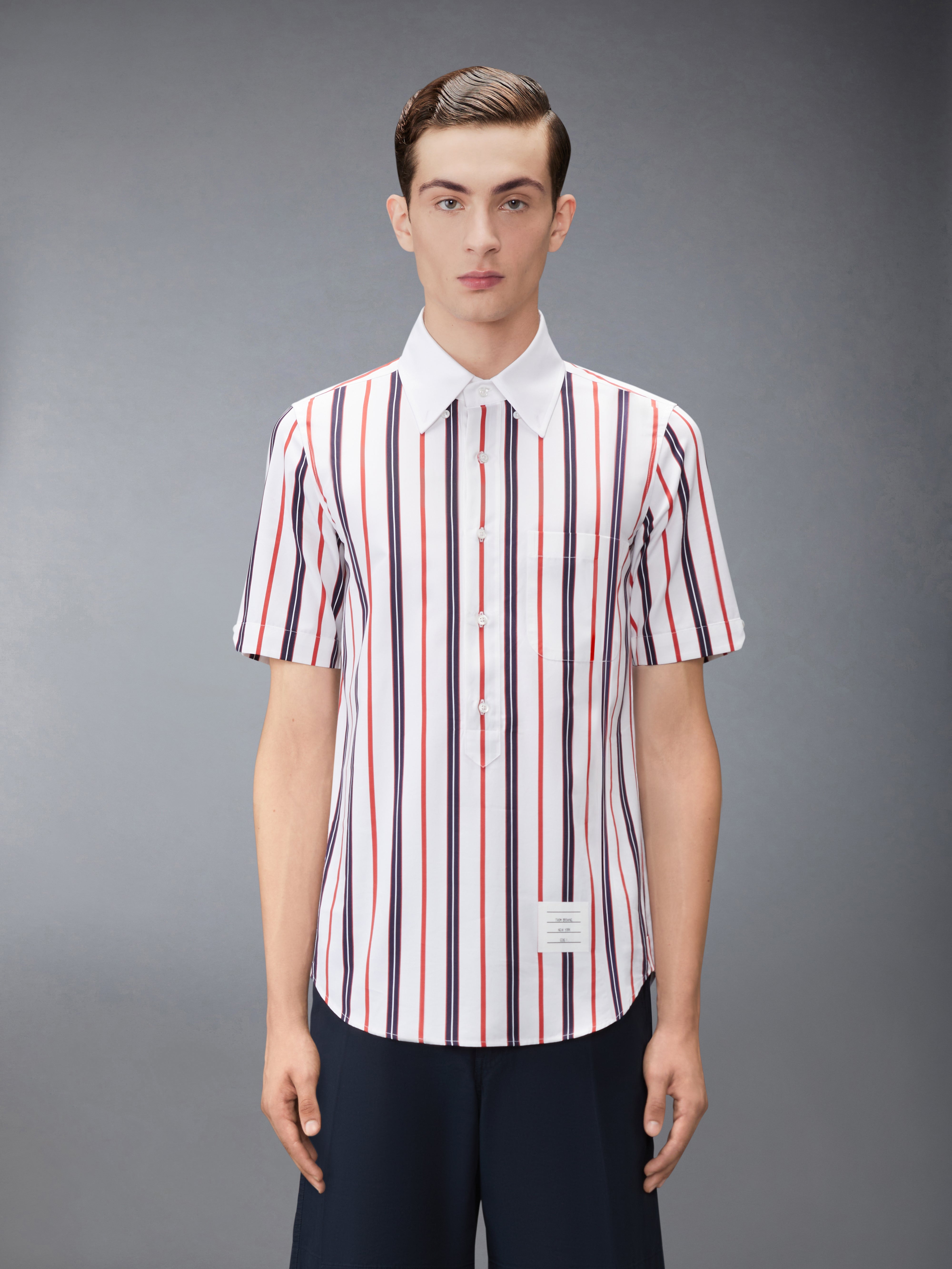 Poplin Repp Stripe Short Sleeve Shirt | Thom Browne