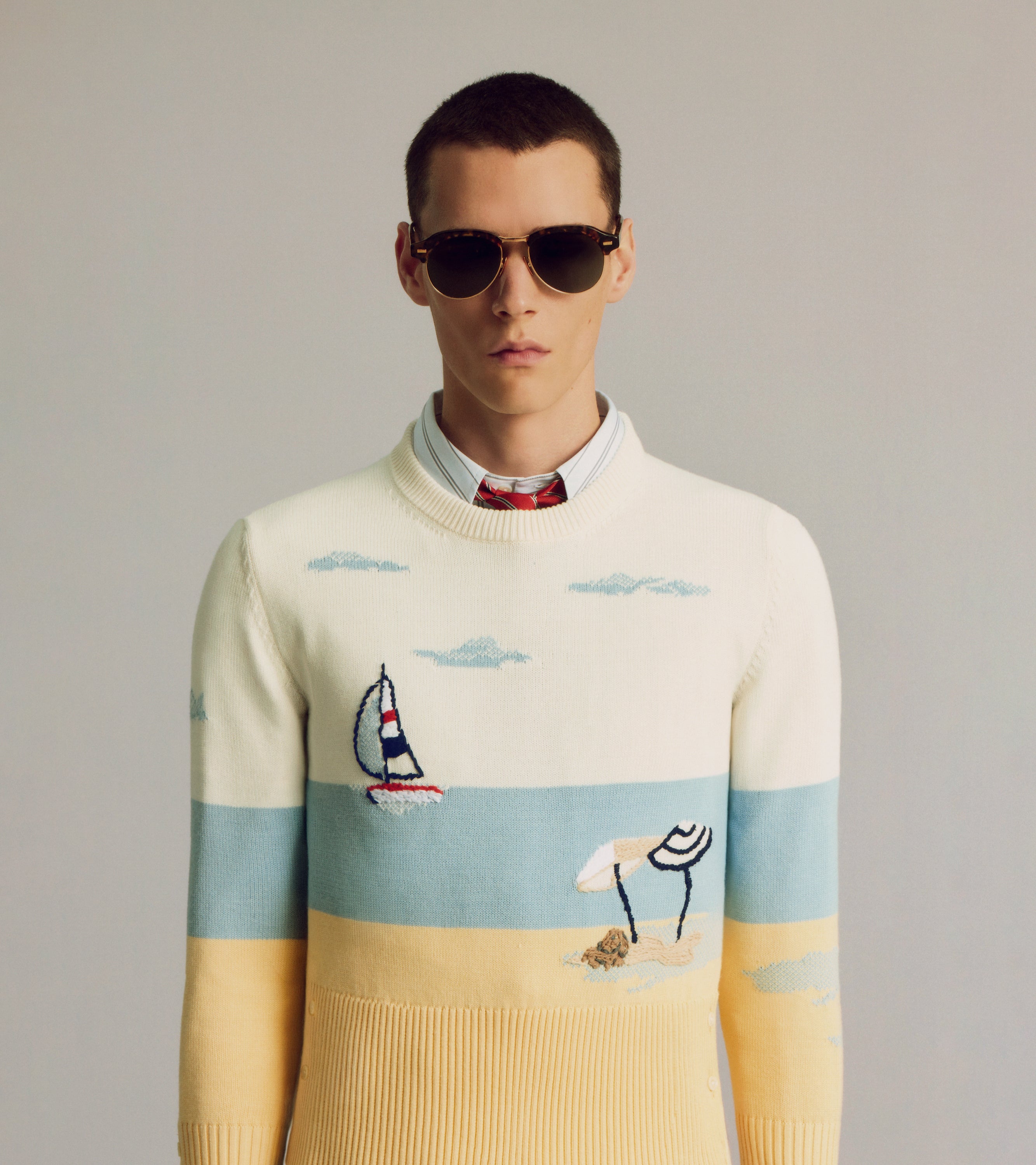 THOM BROWNE トムブラウン フラワー柄 ウール/モヘア ケーブルニットベスト トップス 36 ホワイト/ネイビー/レッド K11-k052 THOM BROWNE トムブラウン フラワー柄 ウール/モヘア ケーブルニット