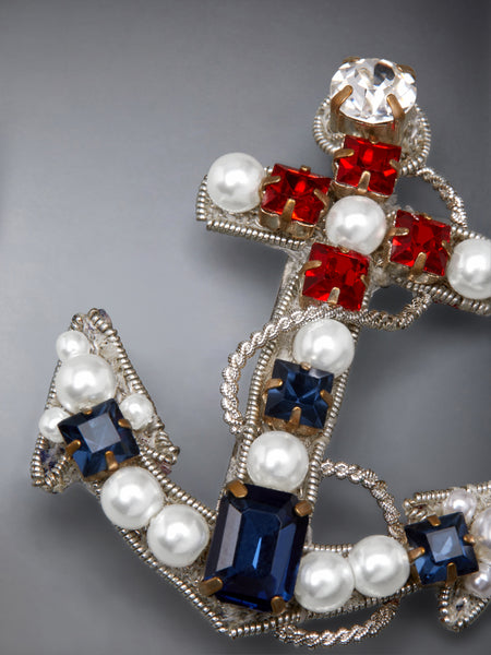 PEARL AND CRYSTAL EMBROIDERY ANCHOR BROOCH SILVER
