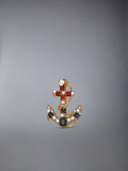 PEARL AND CRYSTAL EMBROIDERY ANCHOR BROOCH GOLD