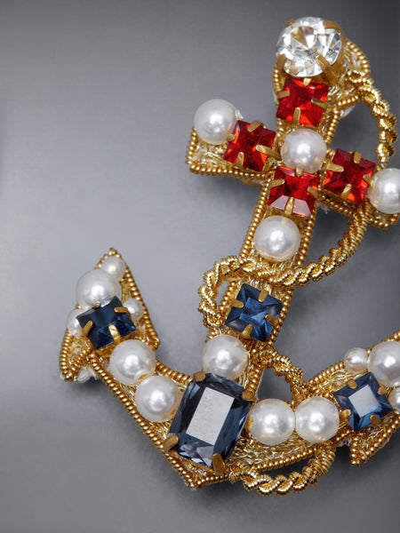 PEARL AND CRYSTAL EMBROIDERY ANCHOR BROOCH GOLD