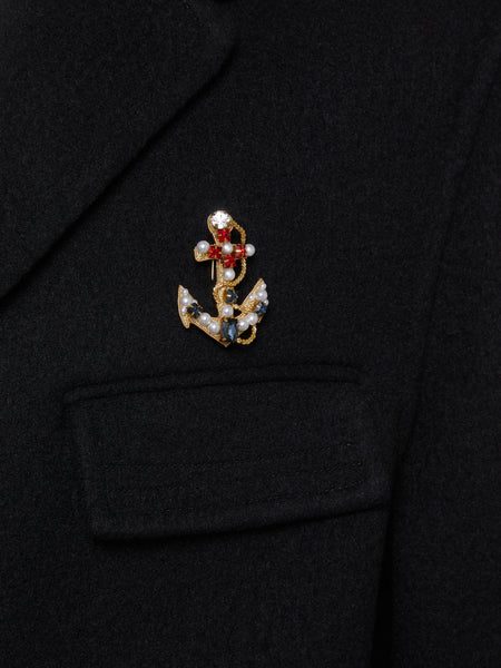 PEARL AND CRYSTAL EMBROIDERY ANCHOR BROOCH GOLD
