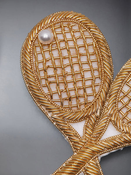 PEARL AND BULLION EMBROIDERY TENNIS RACQUET BROOCH GOLD